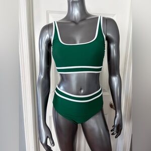 NWT Kelly Green High Waisted w/ Sporty White Stripes Athletic Style Bikini.